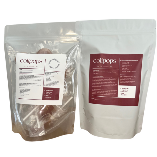 Collagen Combo: Collagen Lollipops 10 Pack (Favourive Flavour Pack) and 100% Pure Hydrolised Collagen 250g