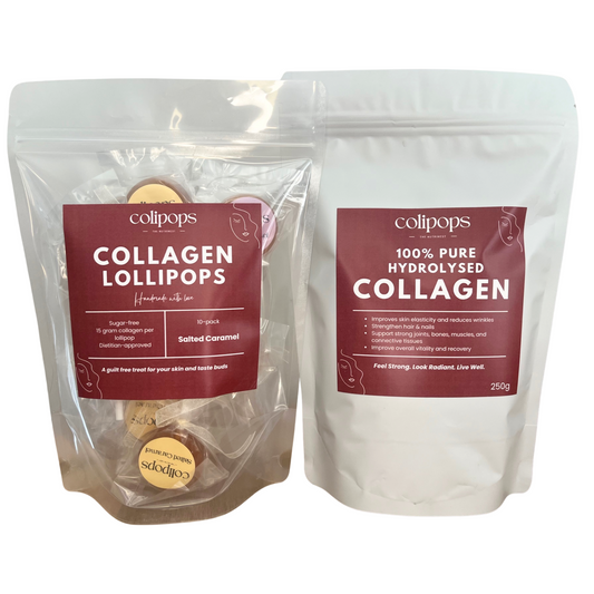 Collagen Combo: Collagen Lollipops 10 Pack (Favourive Flavour Pack) and 100% Pure Hydrolised Collagen 250g